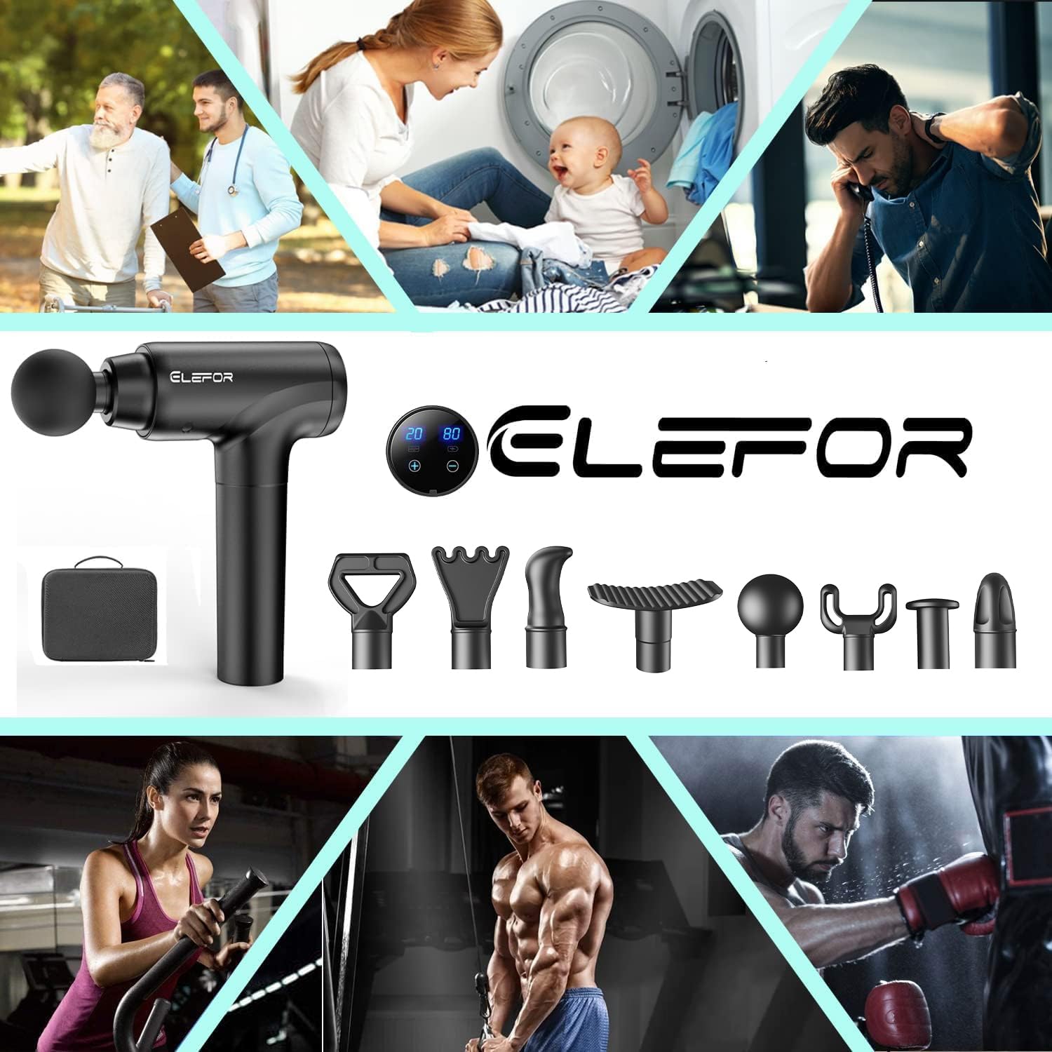 Elefor Massage Gun Deep Tissue,Percussion Back Massager Gun for Athletes Muscle Massage Gun for Pain Relief with 8 Massage Heads & 20 Speeds (Matte Black) - Image 2