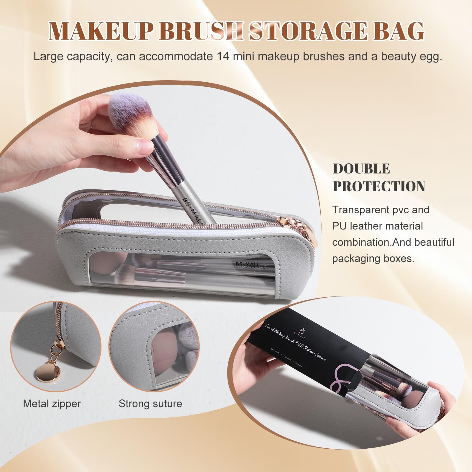 Travel Makeup Brush Set BS-MALL 14 Pcs with 1 Pcs Makeup Sponge – Essential Foundation Powder Concealers, Eye Shadows, Blush Makeup Brushes with Travel Makeup Case (Champagne) - Image 3