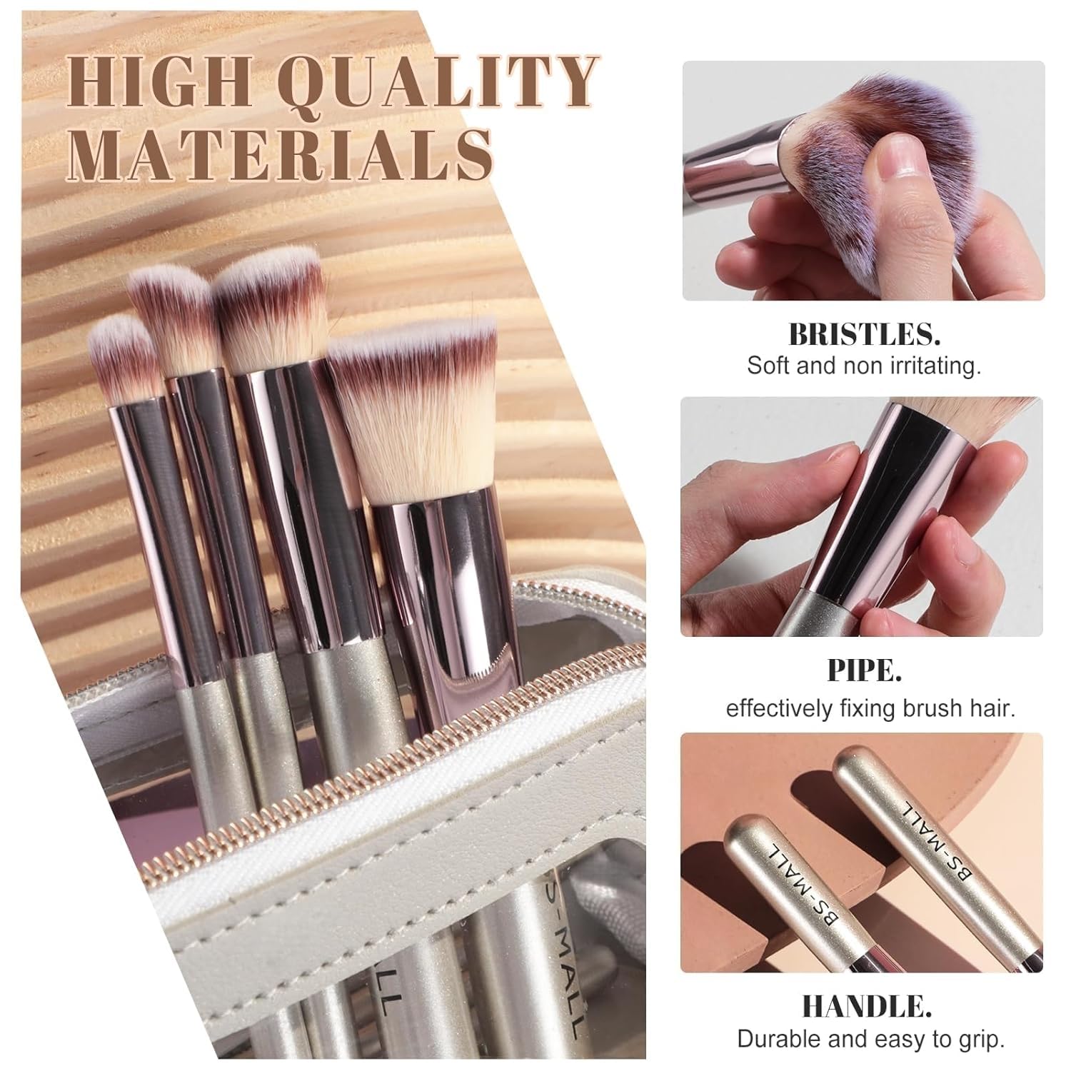 Travel Makeup Brush Set BS-MALL 14 Pcs with 1 Pcs Makeup Sponge – Essential Foundation Powder Concealers, Eye Shadows, Blush Makeup Brushes with Travel Makeup Case (Champagne) - Image 5