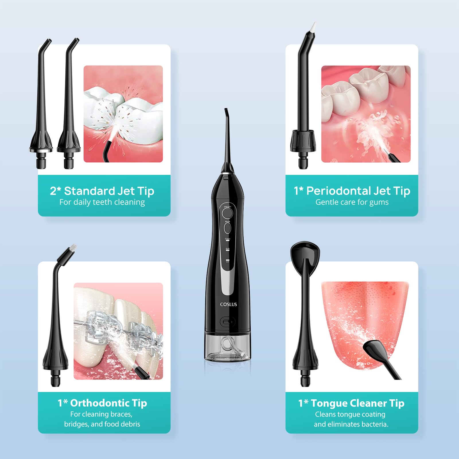 COSLUS Water Dental Flosser Teeth Pick C20(F5020E): Portable Cordless Oral Irrigator 300ML Rechargeable Travel Irrigation Cleaner IPX7 Waterproof Electric Flossing Machine for Teeth Cleaning - Image 2