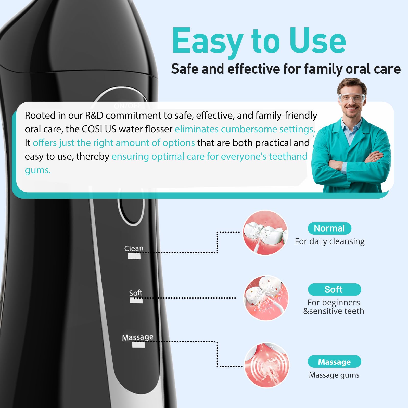 COSLUS Water Dental Flosser Teeth Pick C20(F5020E): Portable Cordless Oral Irrigator 300ML Rechargeable Travel Irrigation Cleaner IPX7 Waterproof Electric Flossing Machine for Teeth Cleaning - Image 6