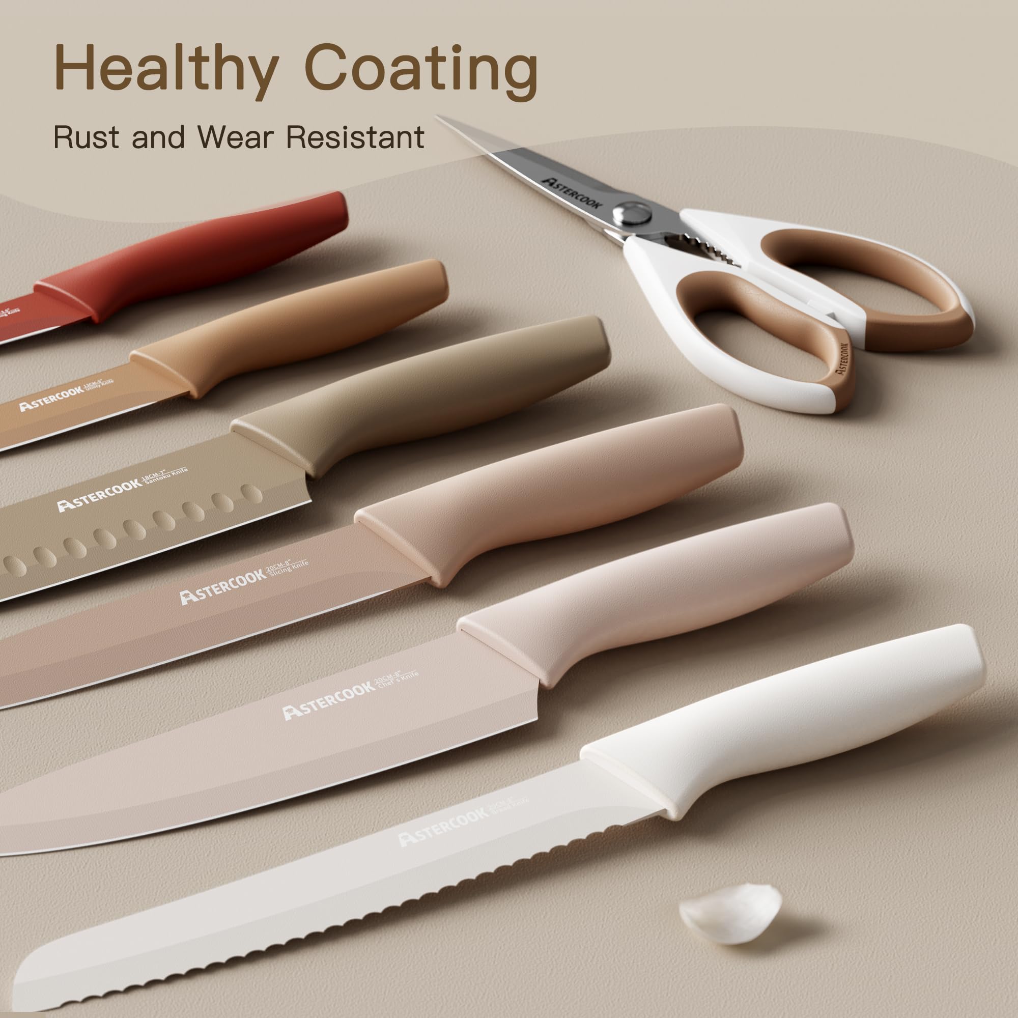 Astercook Knife Set, 13 Pieces Kitchen Knives Set with Healthy Anti-Rust Coating, Dishwasher Safe, Stainless Steel Chef Knife Sets with 6 Blade Guards, Perfect Holiday Gifts for Kitchen - Image 9