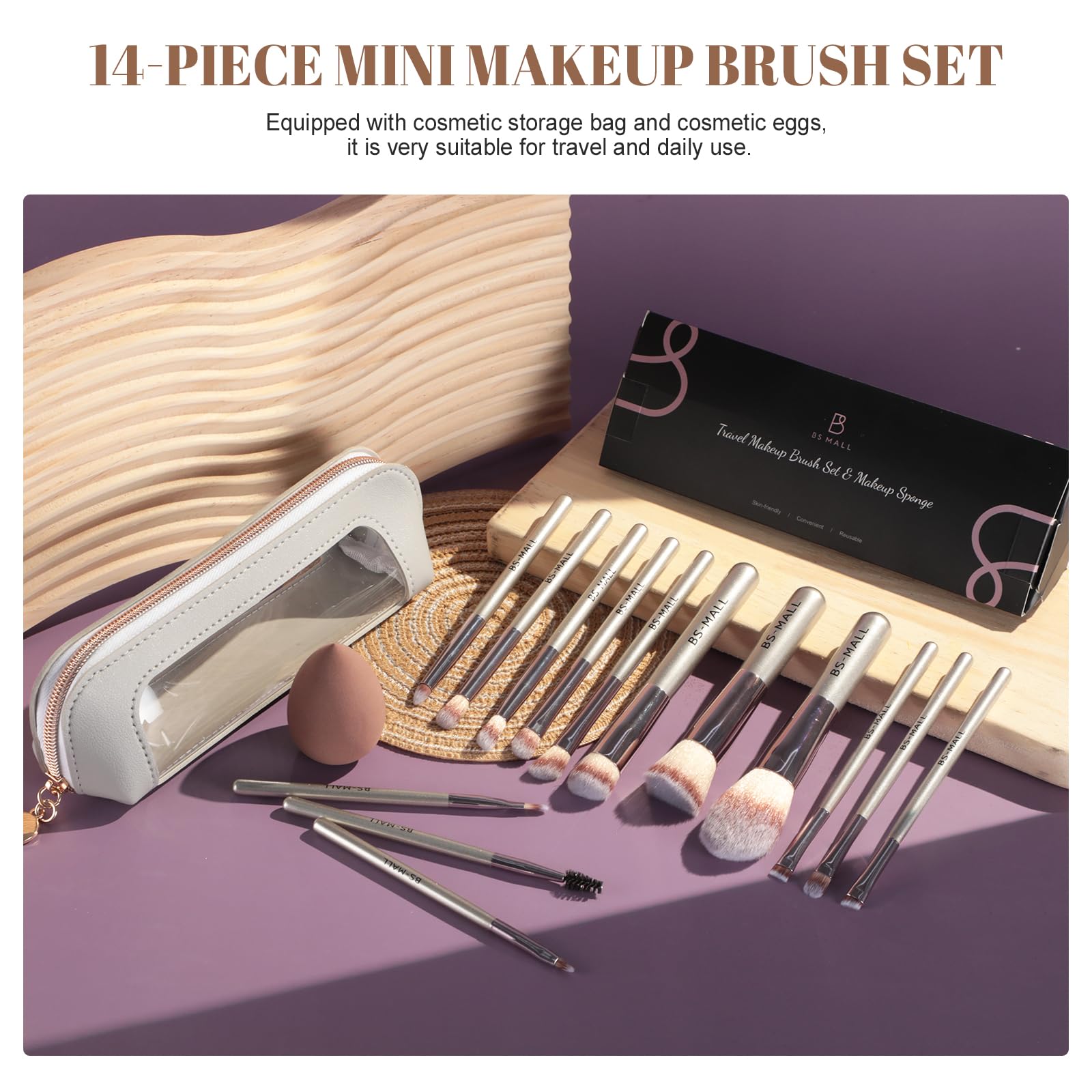 Travel Makeup Brush Set BS-MALL 14 Pcs with 1 Pcs Makeup Sponge – Essential Foundation Powder Concealers, Eye Shadows, Blush Makeup Brushes with Travel Makeup Case (Champagne) - Image 6