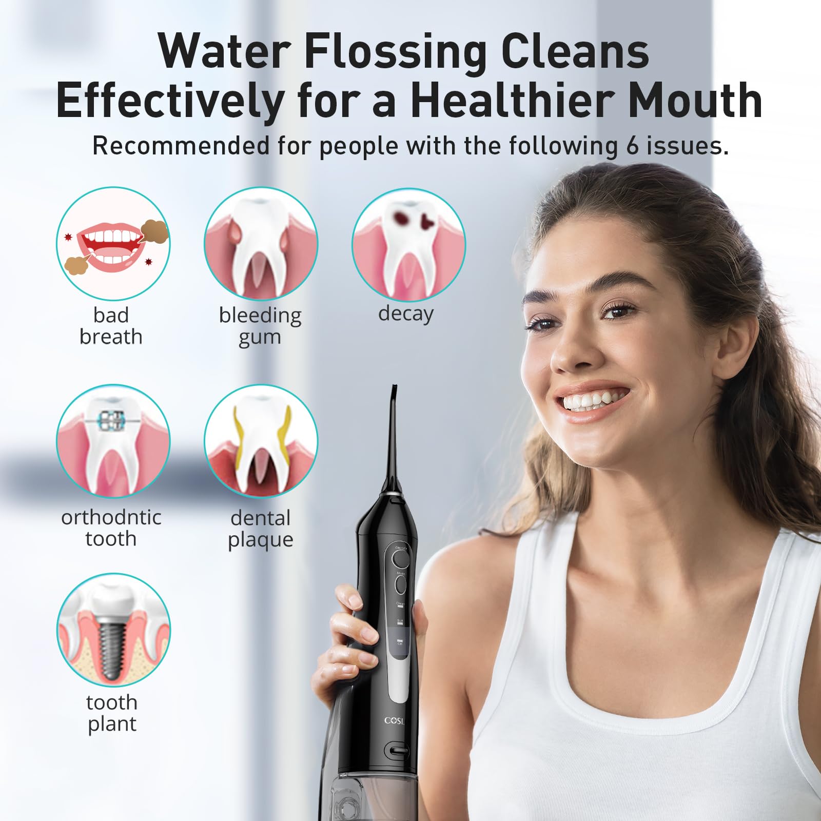 COSLUS Water Dental Flosser Teeth Pick C20(F5020E): Portable Cordless Oral Irrigator 300ML Rechargeable Travel Irrigation Cleaner IPX7 Waterproof Electric Flossing Machine for Teeth Cleaning - Image 3
