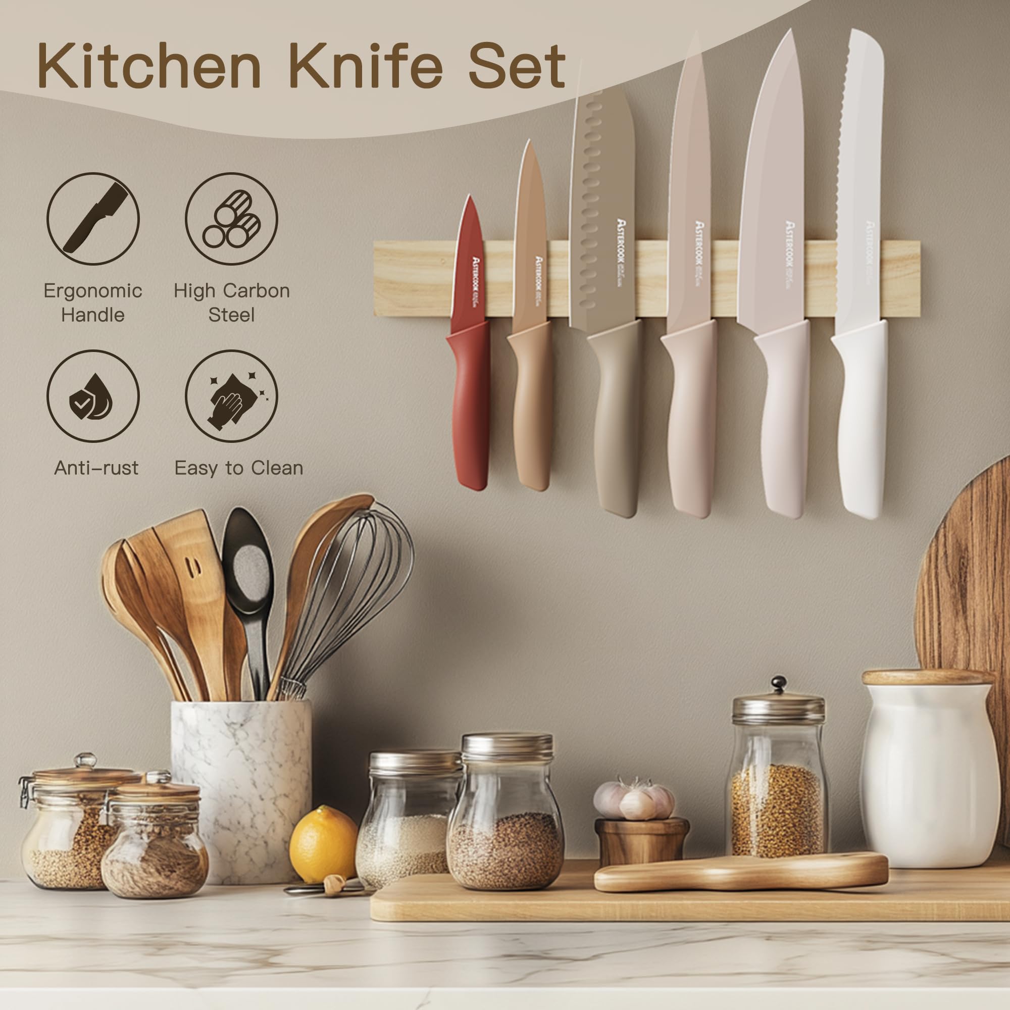 Astercook Knife Set, 13 Pieces Kitchen Knives Set with Healthy Anti-Rust Coating, Dishwasher Safe, Stainless Steel Chef Knife Sets with 6 Blade Guards, Perfect Holiday Gifts for Kitchen - Image 8