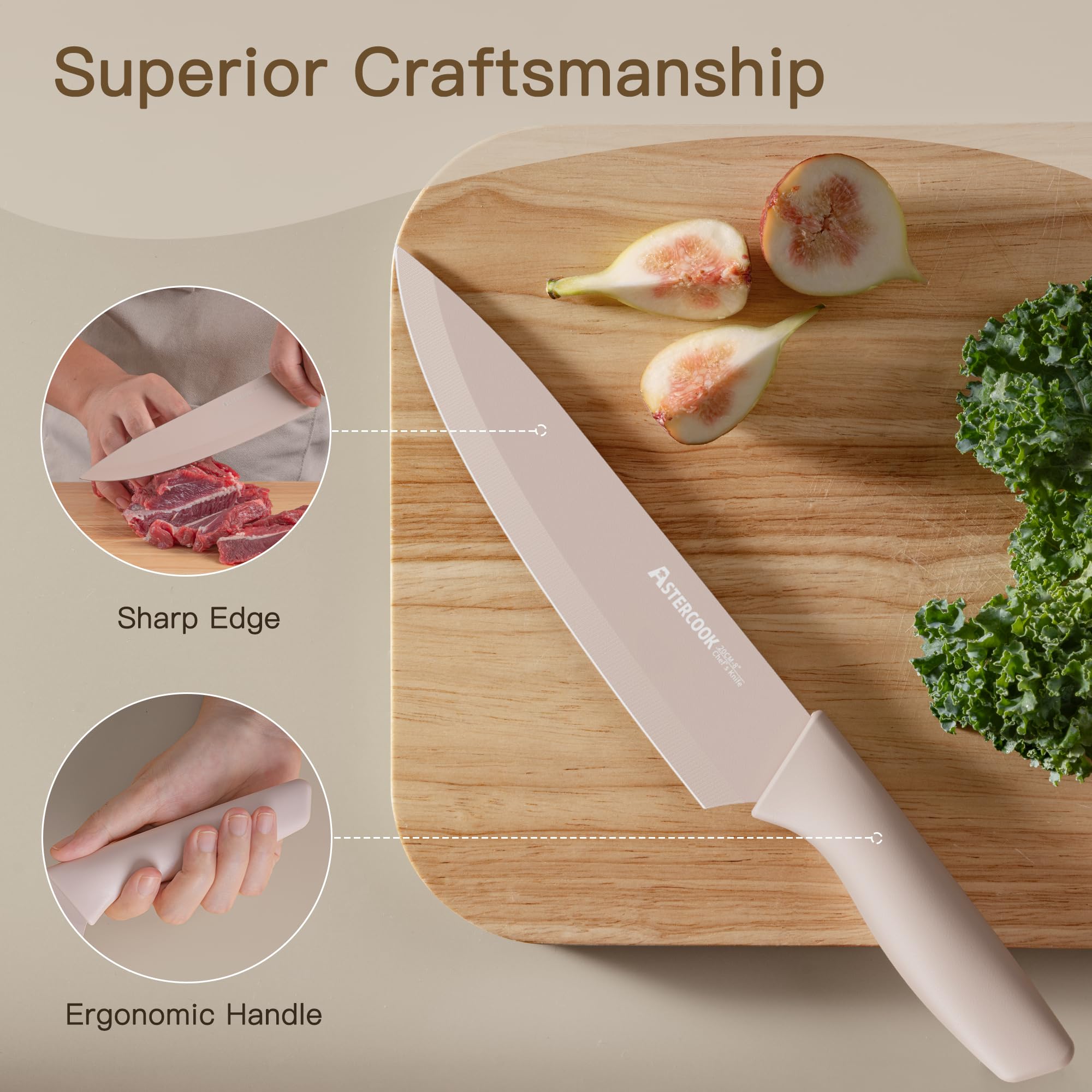 Astercook Knife Set, 13 Pieces Kitchen Knives Set with Healthy Anti-Rust Coating, Dishwasher Safe, Stainless Steel Chef Knife Sets with 6 Blade Guards, Perfect Holiday Gifts for Kitchen - Image 2