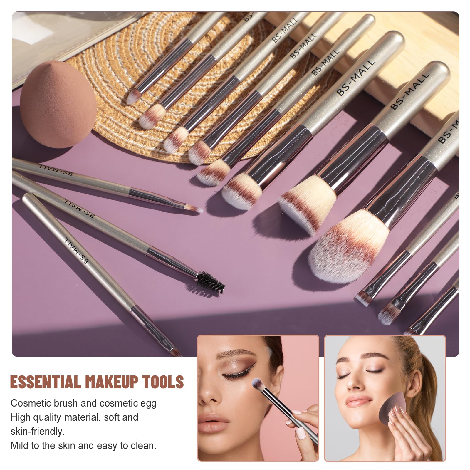 Travel Makeup Brush Set BS-MALL 14 Pcs with 1 Pcs Makeup Sponge – Essential Foundation Powder Concealers, Eye Shadows, Blush Makeup Brushes with Travel Makeup Case (Champagne) - Image 2