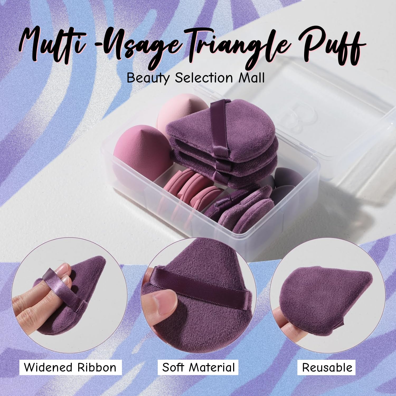 Makeup Sponge Set BS-MALL Triangle Puff 14 Pcs for Liquid, Cream, and Powder, Multi-colored Makeup Sponges and Mini Sponge with Case (A-Purple) - Image 3